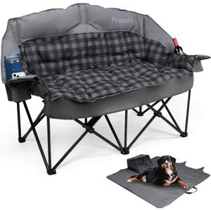 Pcuauld Padded Double Camping Chair Loveseat Oversized Camping Couch, Gray Heavy Duty 2 Person Folding Sofa,2 in 1 Carry Bag Doubles as Dog Bed, Cup Holders & Phone Pouch, 900LBS for Lawn Backyard