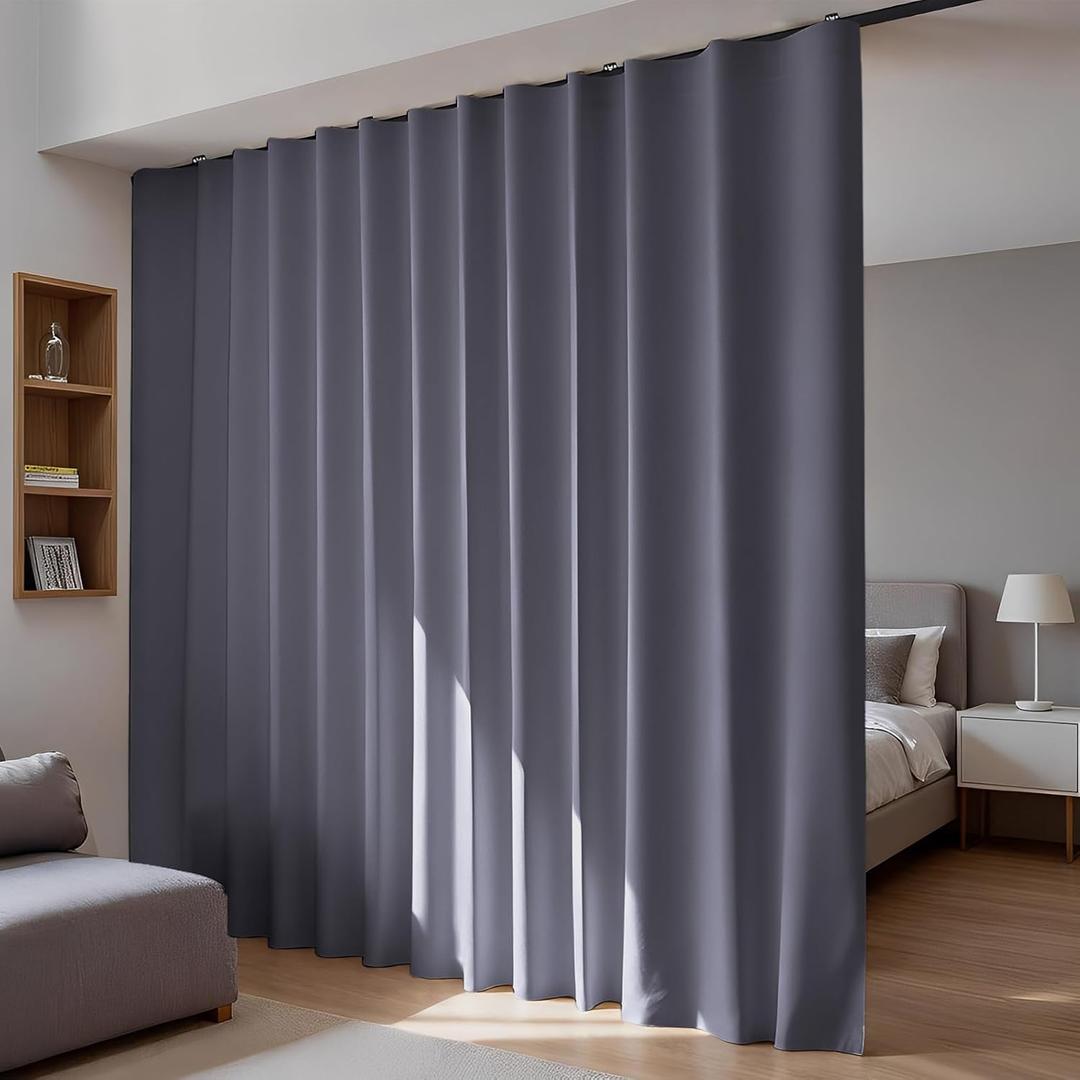 Room Divider Blackout Curtains Flexible Sliding Tracks Sets Ceiling Mounted Rod Window Curtain Privacy Separation for Bedroom Living Rooms,1 Panel Grey Drape and Black Track Set-W108xH72 in