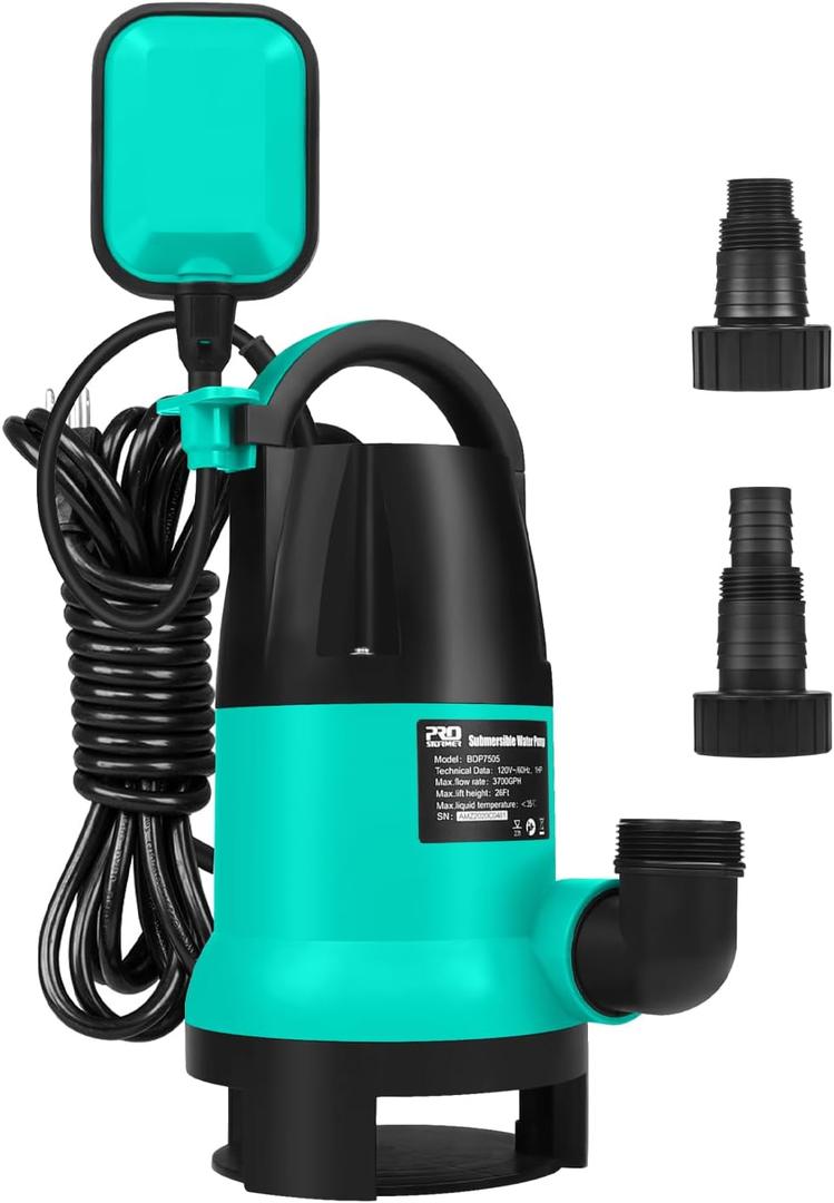 Sump Pump, Prostormer 1HP 3700GPH Submersible Clean/Dirty Water Pump with Automatic Float Switch for Pool, Pond,Garden, Flooded Cellar, Aquarium and Irrigation(Green)