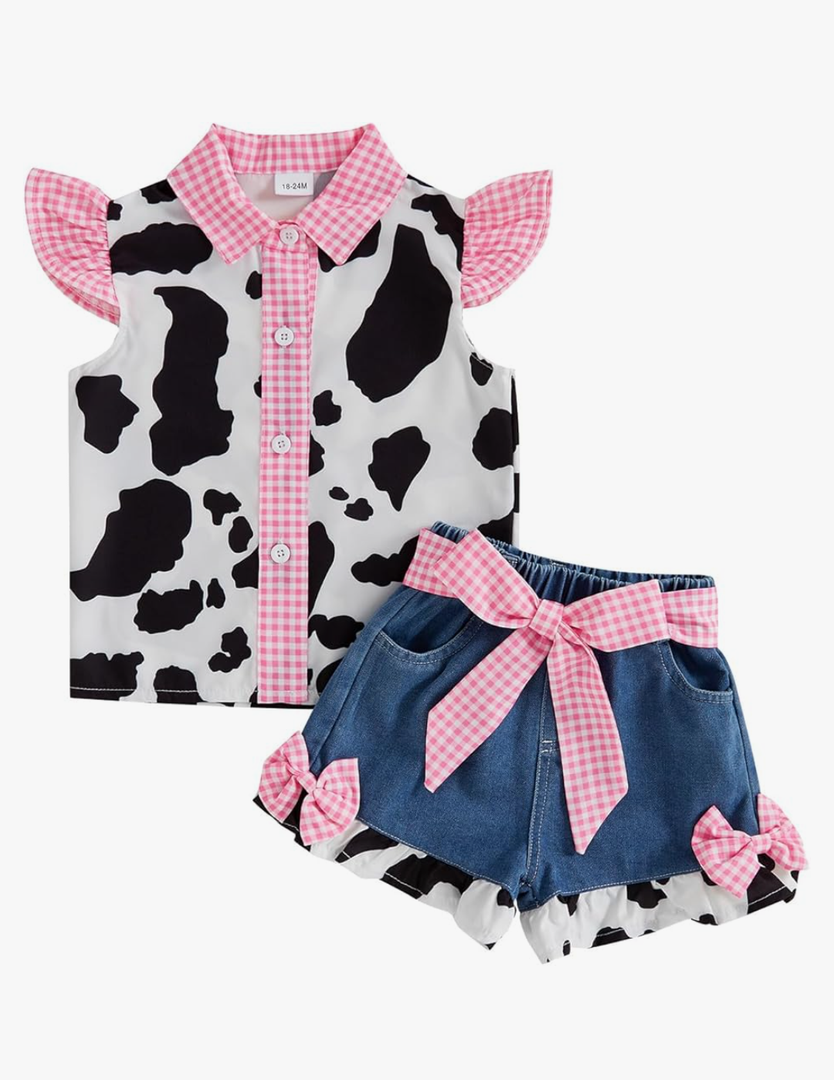 Toddler Girl Denim Western Outfit Baby Cowgirl Clothes Ruffle Cow Print Shirt Button Down Tops Belted Jeans Shorts, Size: 3-4T