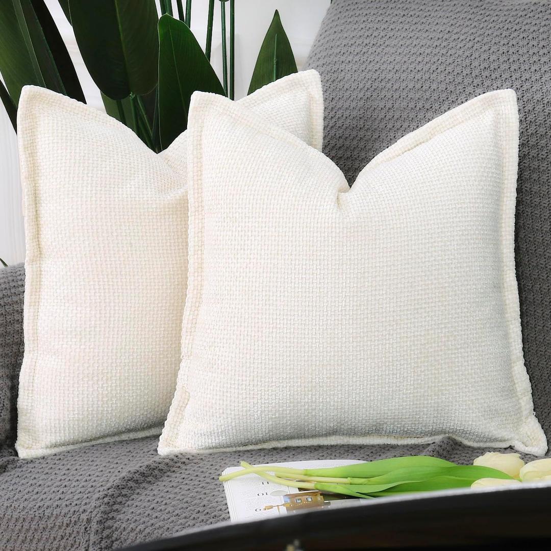 MADIZZ Chenille Velvet Throw Pillow Covers with Flange Set of 2 Super Soft Boho Textured Pillow Covers Decorative Throw Pillowcases Modern Farmhouse Home Decor for Sofa Bedroom Cream 20x20 Inch