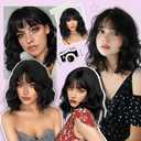 Black Wig With Bangs Bob Synthetic Curly Wigs Natural Shoulder Length Wig 12 inch for Women Girls Daily Use Colorful Wigs