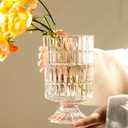 BLOFLO Embossed Glass Vase, 7'' Crystal Glass Vases, Pedestal Big Base Glass Bouquet Vase, Hydroponic Glass Transparent Vase for Home Office Wedding Dining Table Party (Ribbed Pattern)