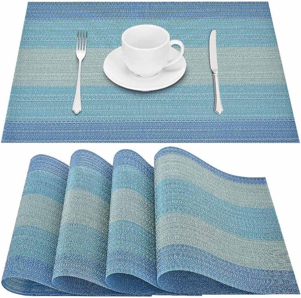 GIVERARE Placemats Set of 4, Heat-Resistant Woven Vinyl Placemat, Non-Slip Washable PVC Table Mat, Easy to Clean Premium Plastic Mats for Dining, Kitchen Table (Light Blue)