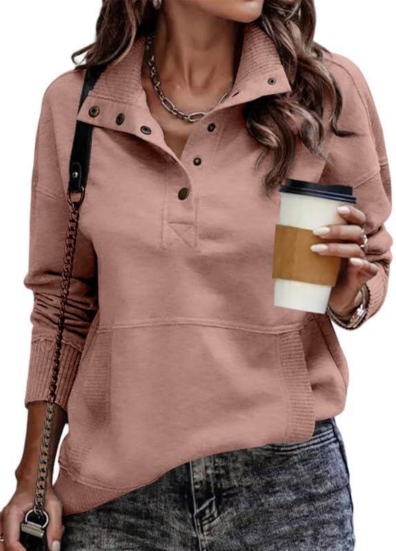 SHEWIN Women's Casual Long Sleeve Stand Neck Sweatshirt Lightweight Button Drawstring Pullover Tops (Large)