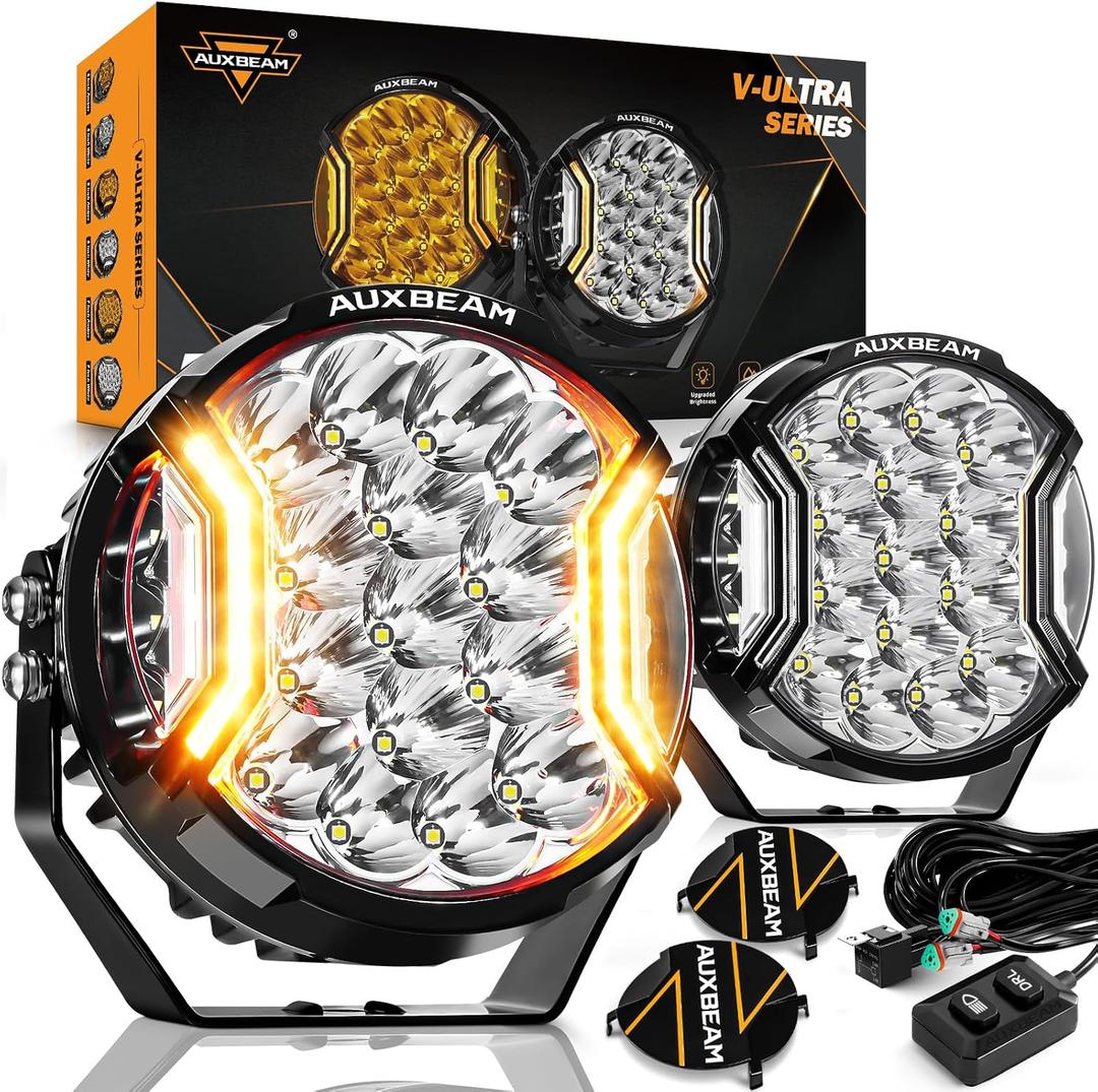 Auxbeam V-Ultra Series 7 Inch Round Off-Road Lights, Amber DRL Light Bar, 270 Degree Side Shooter LED Pods, 226W 26800LM Offroad Driving Lights with Protective Covers, Pair