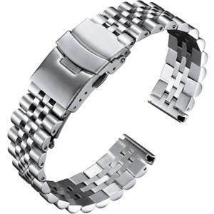 BINLUN Stainless Steel Watch Band Replacement Metal Watch Strap with Double Locking Foldover Clasp for Men Women 18mm in Silver, 