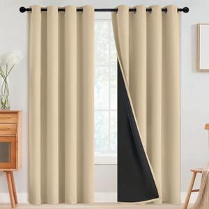 SimpleHome 100% Blackout Curtains for Bedroom,Thermal Insulated Beige Grommet Window Drapes Room Darkening Curtains for Living Room with Black Back,52 x 90 Inch,2 Panels