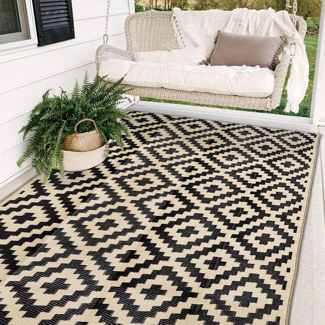 SAND MINE Waterproof Outdoor Rug 5x8 ft, Plastic Reversible Rug, Modern Area Rug, Large Floor Mat for Outdoors, RV, Patio, Backyard, Deck, Picnic, Beach, Camping, Black & Beige SAND MINE Waterproof Outdoor Rug 5x8 ft, Plastic Reversible Rug, Modern Area Rug, Large Floor Mat for Outdoors, RV, Patio, Backyard, Deck, Picnic, Beach, Camping, Black & Beige
