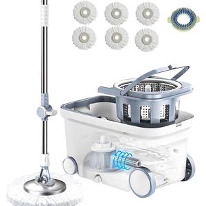 Spin Mop Bucket Deluxe 360 Spinning Floor Cleaning System with 6 Microfiber Replacement Head Refills,62" Extended Handle,4X Wheel for Home Cleaning