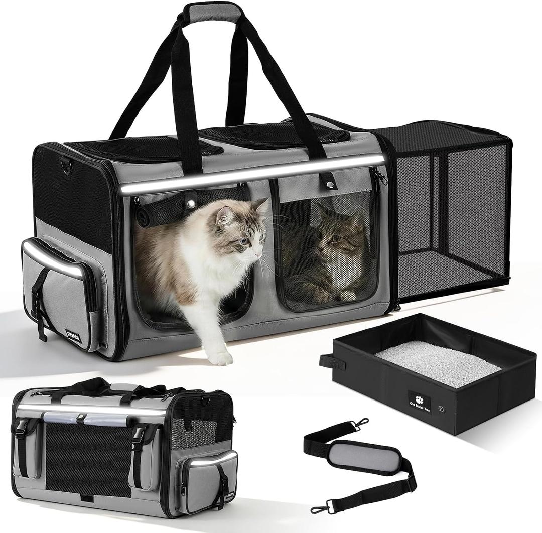 Expandable Extra Large Cat Carrier for 2 Cats, Double Cat Travel Carrier Bag with Litter Box, Foldable Breathable Soft Sided Pet Dog Carrier with Divider for Car Travel, Outdoor & Vet Visit