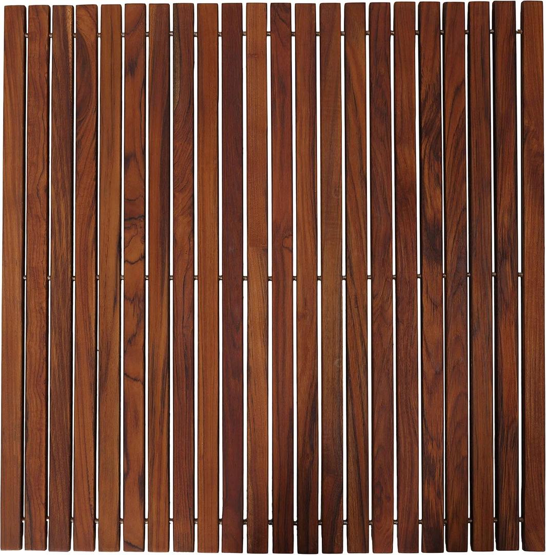 Bare Decor Fuji String Spa Shower Mat in Solid Teak Wood Oiled Finish, 30" Square Mat, Brown (2'6" x 2'6" (Square))