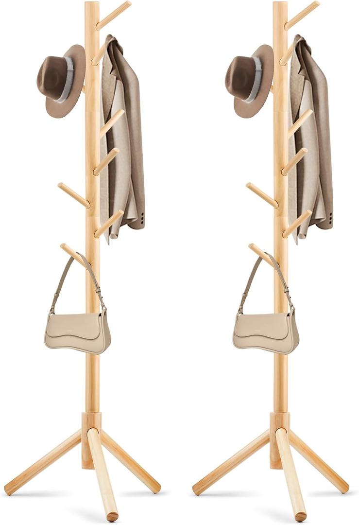 2 PCS Coat Rack, Freestanding Coat Rack with 8 Hooks and 3 Adjustable Size Tree Coat Racks for Bedroom, Hallway, Entrance, Office, for Hats, Coats, Scarves, Handbags (Natural)