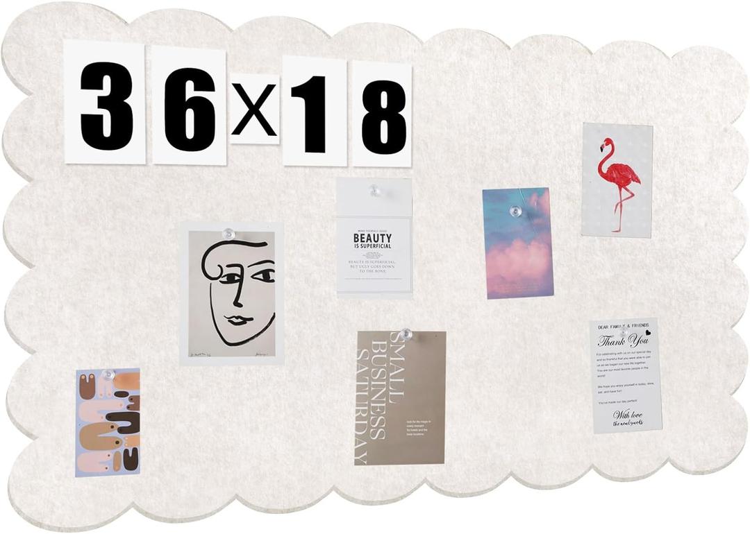 Mooliwe Scalloped Felt Bulletin Board 36 x 18 Inches Foldable Beige Pin Cork Board Alternative for Wall, 3' x 1.5' Trifold Picture Vision Self Adhesive Bulletin Decorative