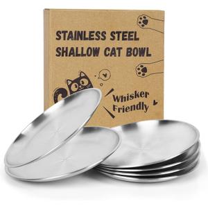 6-Pack Stainless Steel Cat Food Bowls, Shallow Whisker-Friendly Non-Slip Silicone Base Metal Dishes, Easy to Clean Indoor Feeding Flat Plates for Cat, Kitten, Small Dog (6.7")