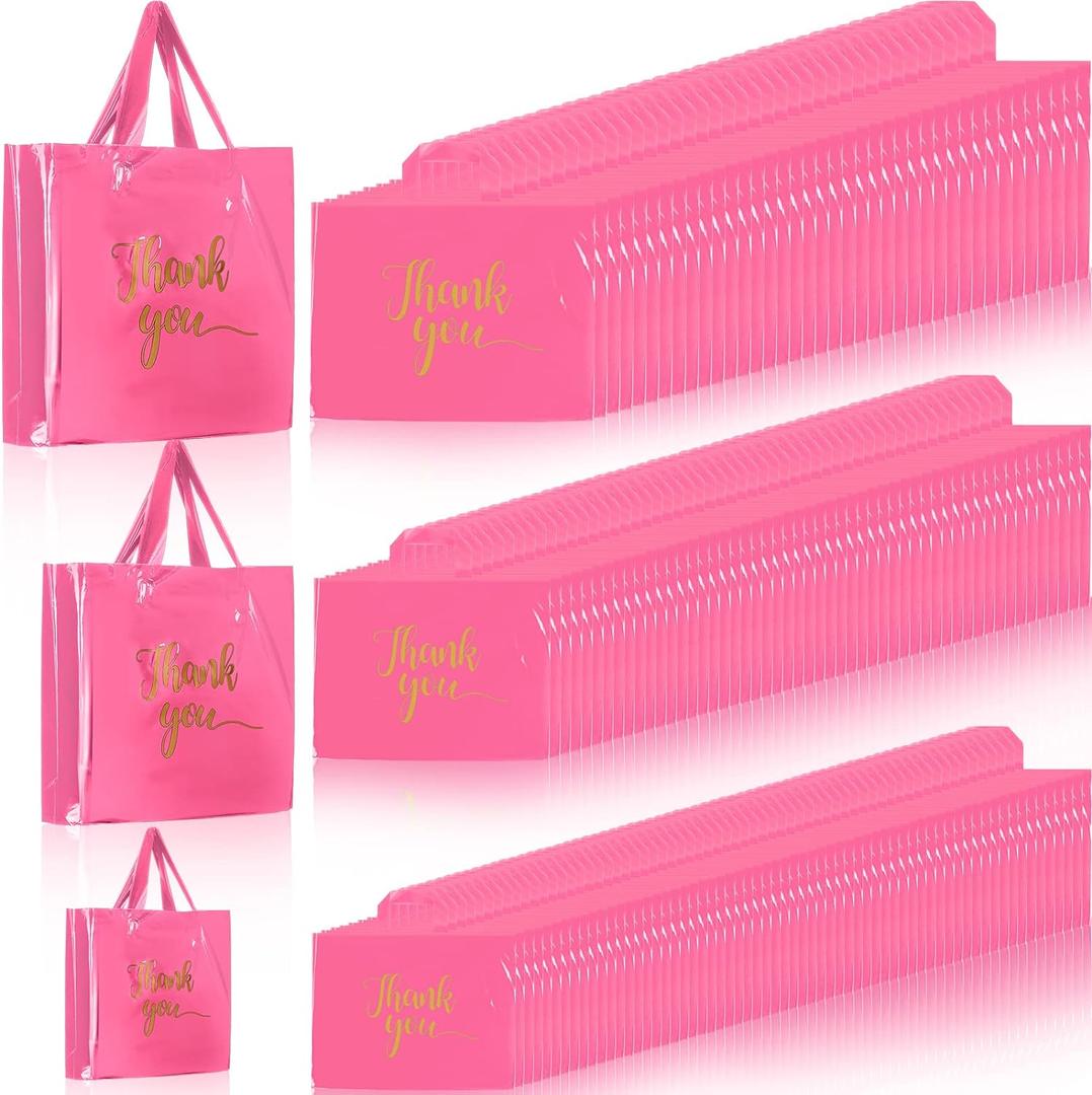 Teling 200 Pcs Thanks Bags with Handle Bulk Thank You Merchandise Bags 3 Size Plastic Packet Retail Shopping Package for Boutique 9 x 12'', 12 x 15'', 15 x 18''(Pink)