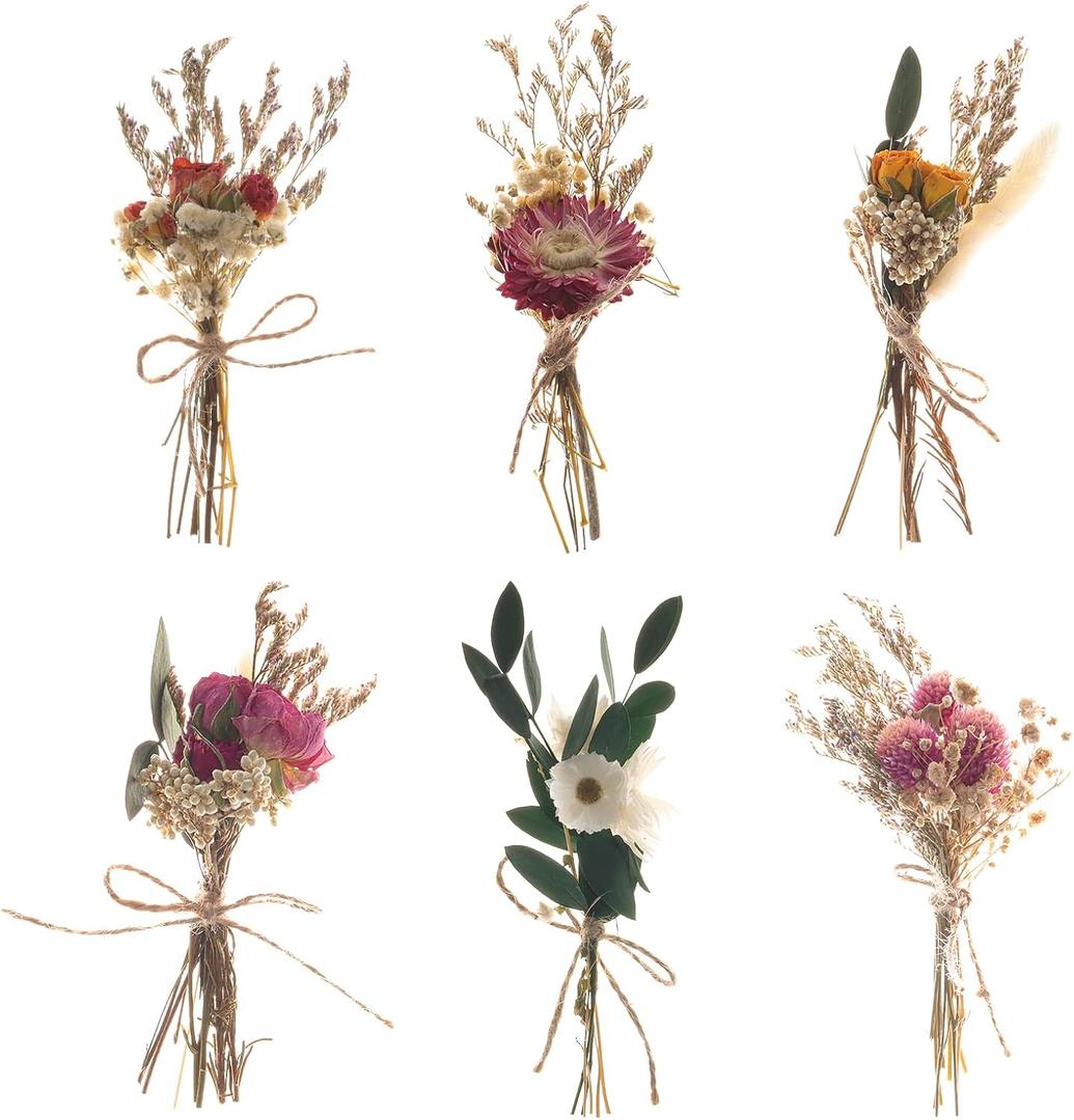 Fumwase 6Pcs Mini Dried Flower Bouquet Natural Real Flowers for Crafts Boho Dried Flowers Bulk Small Dried Flowers for Vase Dried Wildflowers for DIY Photo Props Gift Wedding Decor