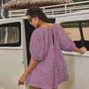 Yanekop Womens Romper Dress with Shorts Striped Romper Overall Oversized Short Jumpsuit V Neck Puff Sleeve Mini Dress (Small, Hot Pink Green)