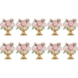 Nuptio Pcs of 10 Mini Sized Metal Urn Planter Elegant Wedding Centerpieces Vase for Wedding Party Decoration, 12.6cm/4.96" Tall Trumpet Vase Flower Holder for Anniversary Ceremony (Gold)