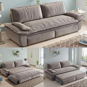 73.2-Inch Queen Size Convertible Sleeper Sofa Bed, 3-in-1 Pull-Out Futon Loveseat, Velvet Futon Couch with 2 Soft Pillows for Living Room, Office, Apartment, RV, Hide-A-Bed Fold Out Sofa&Couches (Grey)
