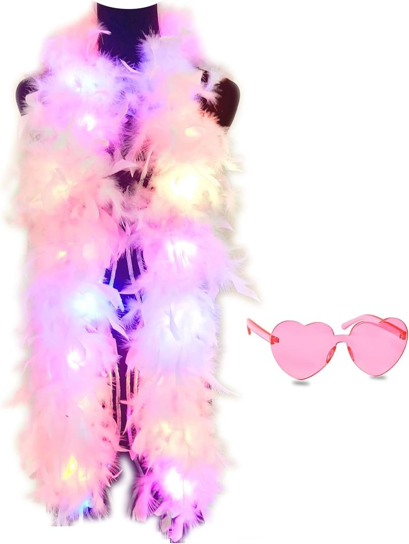 Colorful Feather Boas, 6.6ft Boa with 20 Color Lights for Women for Dancing Party Halloween,with Heart Sunglasses (Pink)
