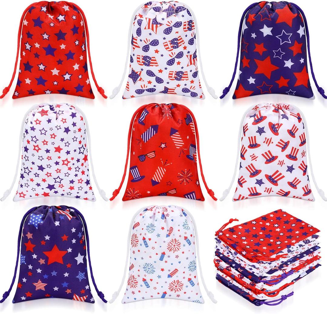 Qunclay 24 Pcs Patriotic Gift Bags 4th of July Drawstring Bags Independence Day Party Favor Bags American Flag Patriotic Stars Candy Goodie Treat Bag for Independence Day Memorial Day Veterans Day
