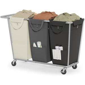 SONGMICS Laundry Basket with Wheels, 3-Section Laundry Sorter, 76.6 Gallons (290 L) Rolling Hamper with Removable Bags, Heavy-Duty Steel Frame, Cream White, Dark Gray and Ink Black URLS010X01