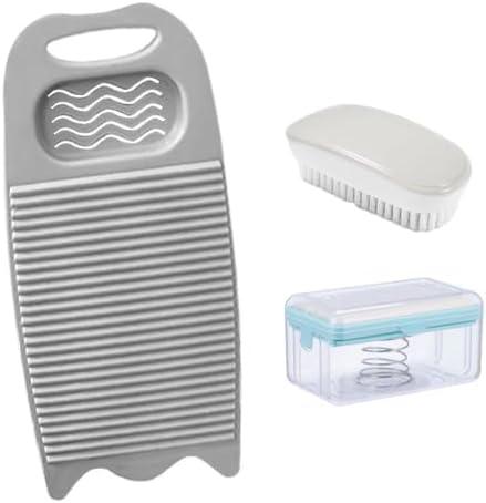 Wash Board, Washboard For Hand Washing Clothes, Plastics Laundry Scrub Board Household With Holder Portable (D-Gray+Multifunctional Soap Dish+Soft Bristle Brush)