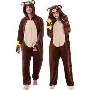 Ezuwail Unisex Animal Onesie for Adults,Cute Cosplay One Piece Pajamas, Soft Flannel Halloween Costume for Men and Women (Brown, S)