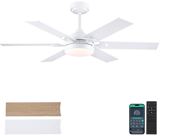 MADSHNE 52-Inch White Outdoor Ceiling Fan with Lights and Remote, Dimmable 3 Colors, 6 Speeds, Reversible Noiseless DC Motor, Modern LED Fan for Living Room, Patio, Kitchen