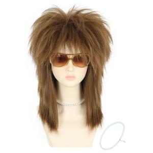 yuehong Long Dark Brown Women Wig Mullet Wig 70s 80s Rocker Wig Heavy Metal Style Cosplay Costume Wig with Necklace