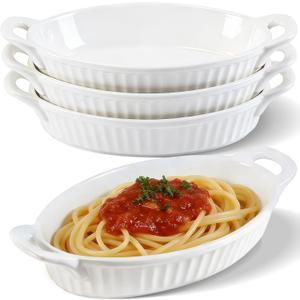 4 PCS 16 OZ Au Gratin Baking Dishes, Oval Porcelain Baking Dishes with Handles for Kitchen and Home, Ceramic Oven Safe, 7.5" x 9.25",White