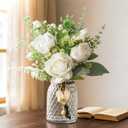 JOHOUSE 12.5inch Artificial Flowers Bulks in Vase, White Fake Roses in Vase Lifelike Faux Flower Arrangement for Wedding Home Table Centerpieces