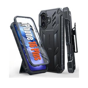 FNTCASE for iPhone 16 Plus Case: Military Grade Rugged Cell Phone Cover with Kickstand & Holster | Shockproof TPU Protection Bumper Matte Textured Design for iPhone 16 Plus Cases 6.7 inch  Black