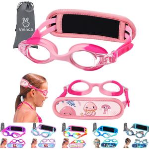 Vvinca Kids Swim Goggles with Fabric Strap No Tangle Pain-Free, Anti-Fog Swimming Pool Goggle No Leak for Toddlers Girls Boys (07-pink White)