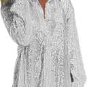 Women's Party Sequin Blouse See Through Lace Long Sleeve Tops Beaded Sparkly Novel Shirts Elegant Casual Sparkly Tees, Size L