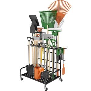 Garden Tool Organizer Rack with Wheels Up to 39 Tools, Heavy-Duty Steel Yard Tool Organizer for Garage Storage with 12 Hooks, Broom Holder & Garden Tool Rack for Shed, Patio, Outdoor Use, Black