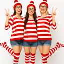 Halloween Costume Sets, Halloween Women Cosplay Red White Striped Shirt Beanie Cap Glasses Socks for Halloween Party (White)