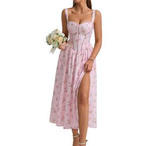 KUTUMAI Floral Corset Midi Dress Flowy Slit Summer Spring Wedding Guest Dresses for Women Sundress with Pockets, Small