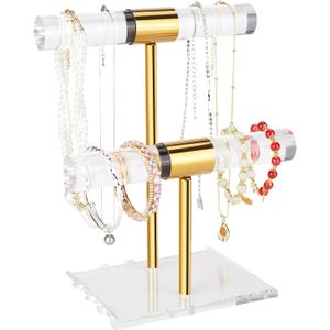 Necklace Holder Bracelet Holder, 2-Tier Acrylic Jewelry Display Stand Gold Jewelry Tower Stand Crystal T Bar Jewelry Organizer Gift for Women(2-Tier 1pc)