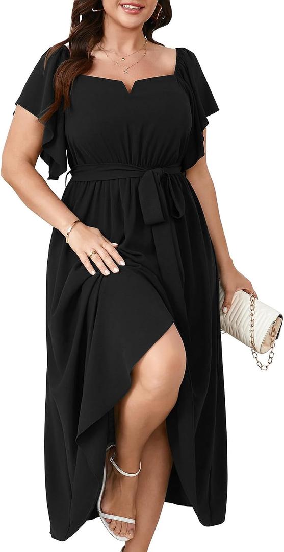SHESTARR Women's Plus Size Maxi Dress Short Sleeve Square Neck Flowy A Line Wedding Guest Cocktail Long Dress, 4XL
