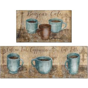 Coffee Kitchen Rug Sets of 2 Piece Non Slip Kitchen Rugs and Mats Washable Kitchen Mats for Kitchen Floor Mat Carpet Runner Rugs for Hallway Laundry Decor 17x30+17'' X 47''