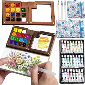 Mini Watercolor Travel Paint Palette Set,Pocket Artist Water Color Travel Set,With Paint,Brush,Sketchbook & Copper Clip,For Beginners,Artists & Painting Enthusiasts (15 Grids)