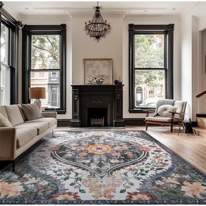 5x7 Vintage Boho Area Rugs for Living Room Machine Washable Rug Non Slip Low Pile Water Repellent Soft Distressed Carpet for Dining Room Bedroom (Black/Green,5x7ft)