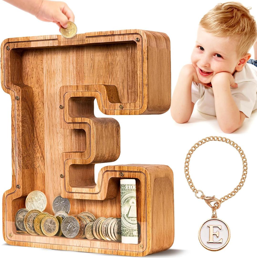 SummiDate Wooden Letter Piggy Bank for Kids| Piggy Bank for Boys Girls Toddler| Alphabet E Money Bank| Personalized Initial Wood Coin Bank Birthday for Kids (E)
