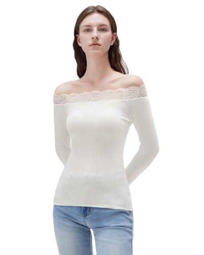 SUUKSESS Cloud Cashmere Women Lace Off Shoulder Fitted Long Sleeve Shirts Basic Knit Going Out Tops (White, S)