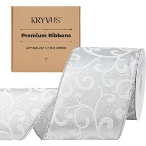 Florentine Wired Ribbon, 3.5 Inch X 10 Yards Christmas Ribbon with Wired Edge, Perfect for Gift Wrapping, Craft, Home & Christmas Decorations (Silver/White)