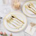 BESTVIP 600PCS Gold Plastic Plate Set (100 Guests), Plastic Plates for Party Wedding Birthday, Disposable Dinnerware Set of 200 Plates, 200 Forks, 100 Spoons, 100 Knives for Christmas