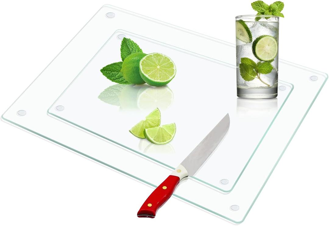 JAMBALAY Tempered Glass Cutting Boards for Kitchen, 12"x16" & 8"x12" Glass Cutting Board Set, Clear Cutting Boards with Non Slip Foot, Heat and Scratch Resistant, Shatterproof