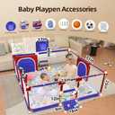 Playpen for Babies and Toddlers,73"x71"Baby Playpen with Mat IndoorOutdoor with Breathable Play Pen with Ocean Balls Hanging Pocket Basketball Hoop and Football Goal (Blue+Red with Mat, 73"x71")